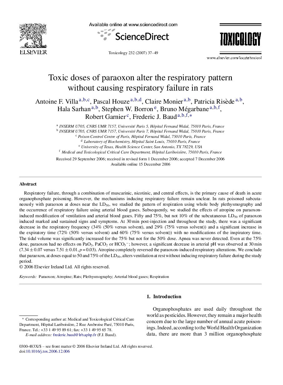 Toxic doses of paraoxon alter the respiratory pattern without causing respiratory failure in rats