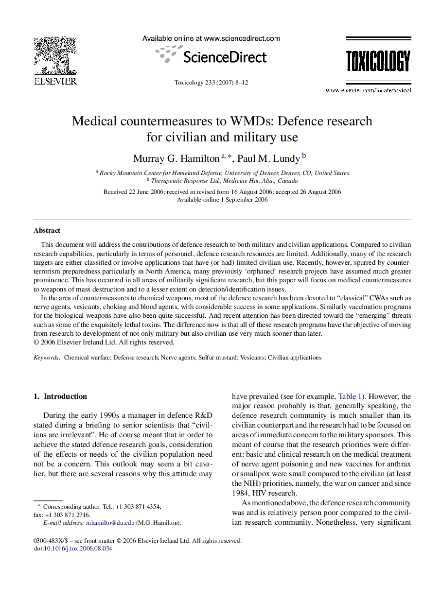 Medical countermeasures to WMDs: Defence research for civilian and military use