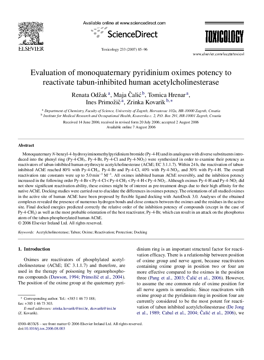 Evaluation of monoquaternary pyridinium oximes potency to reactivate tabun-inhibited human acetylcholinesterase