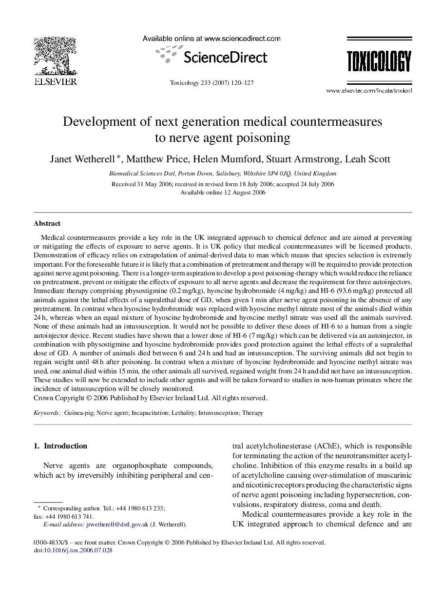 Development of next generation medical countermeasures to nerve agent poisoning