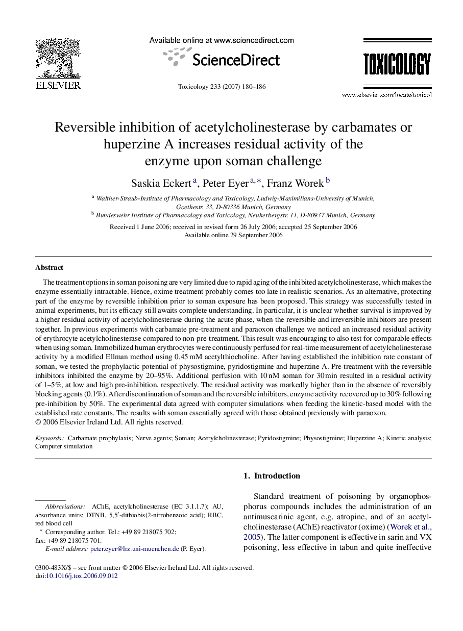 Reversible inhibition of acetylcholinesterase by carbamates or huperzine A increases residual activity of the enzyme upon soman challenge