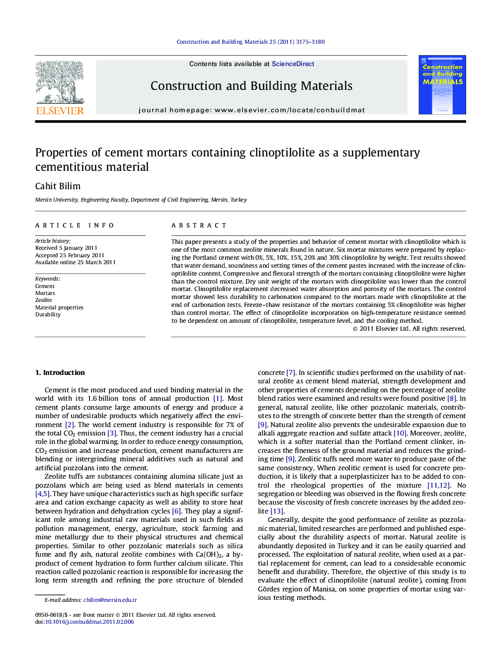 Properties of cement mortars containing clinoptilolite as a supplementary cementitious material