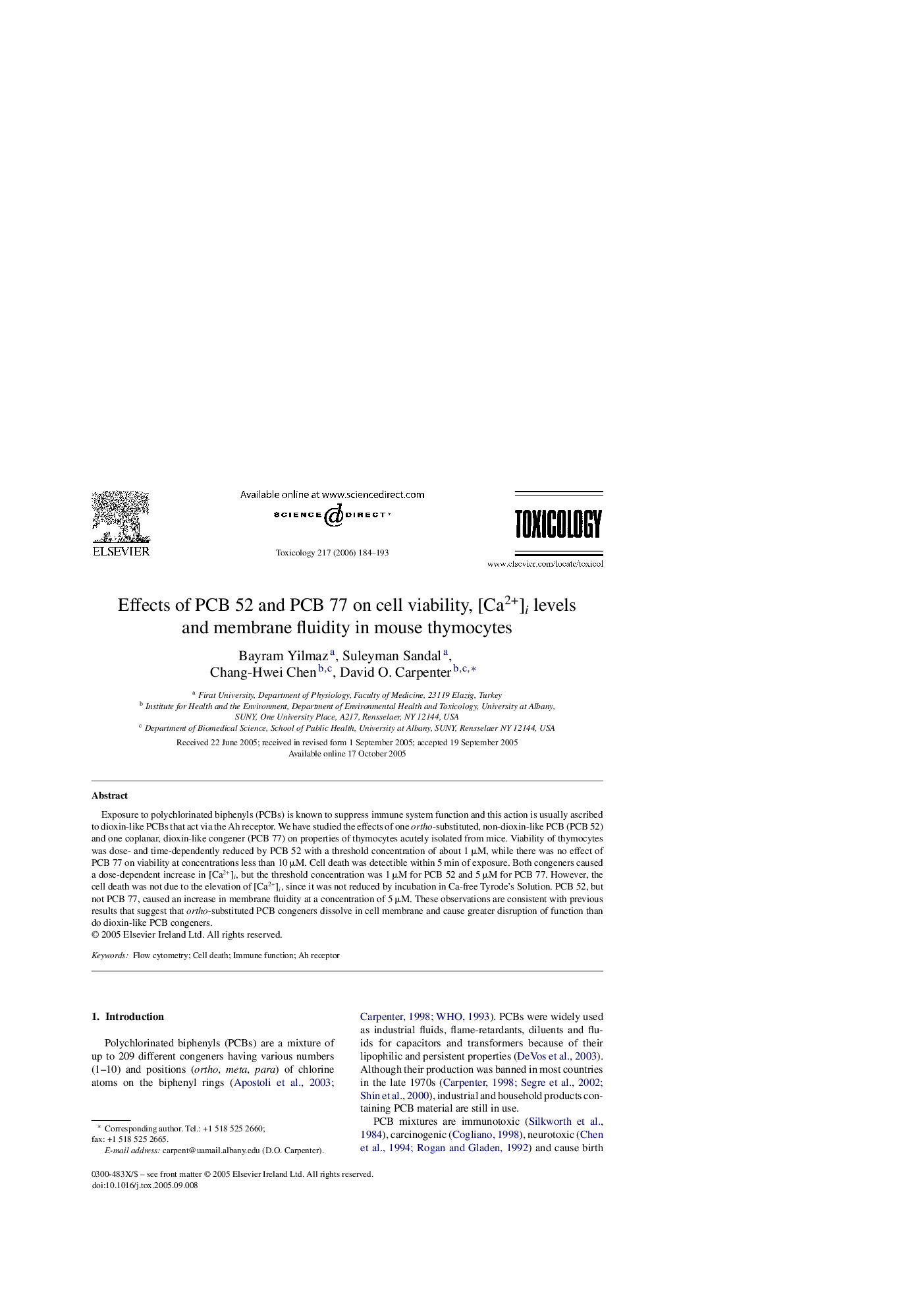 Effects of PCB 52 and PCB 77 on cell viability, [Ca2+]i levels and membrane fluidity in mouse thymocytes