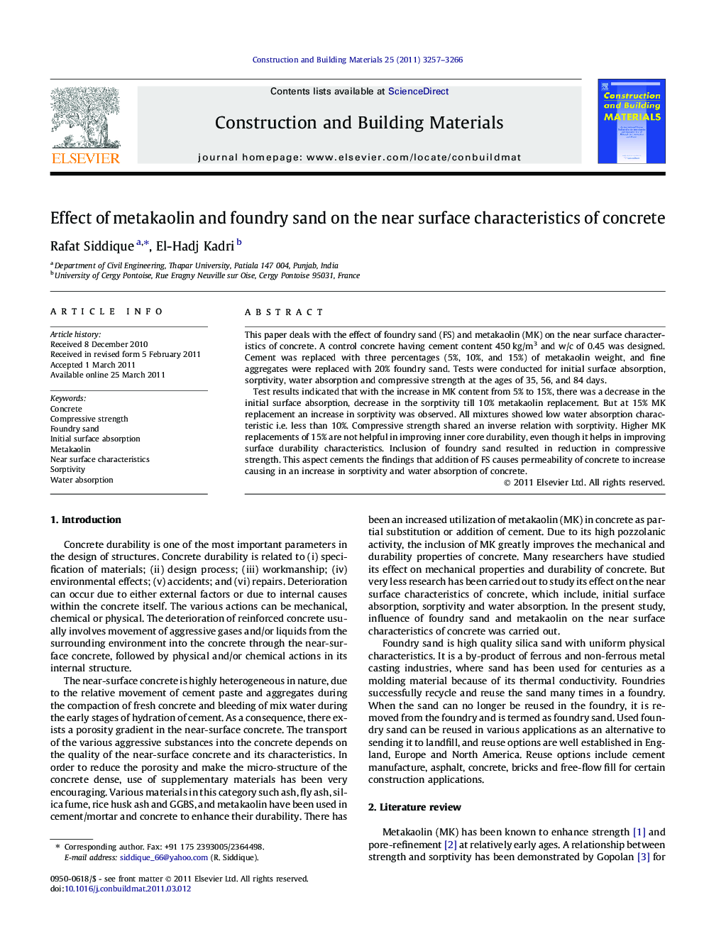 Effect of metakaolin and foundry sand on the near surface characteristics of concrete