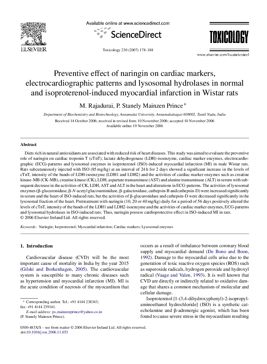 Preventive effect of naringin on cardiac markers, electrocardiographic patterns and lysosomal hydrolases in normal and isoproterenol-induced myocardial infarction in Wistar rats