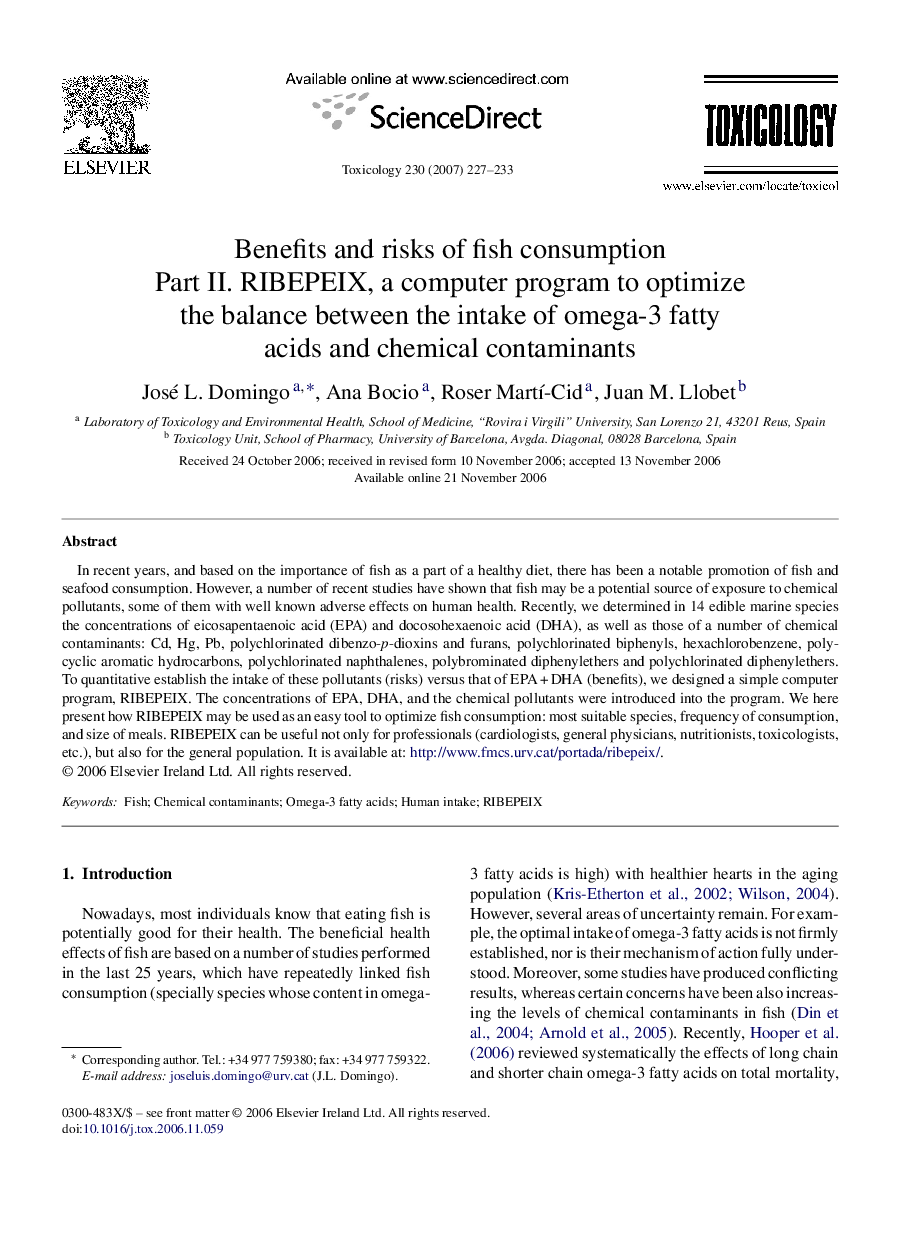 Benefits and risks of fish consumption: Part II. RIBEPEIX, a computer program to optimize the balance between the intake of omega-3 fatty acids and chemical contaminants