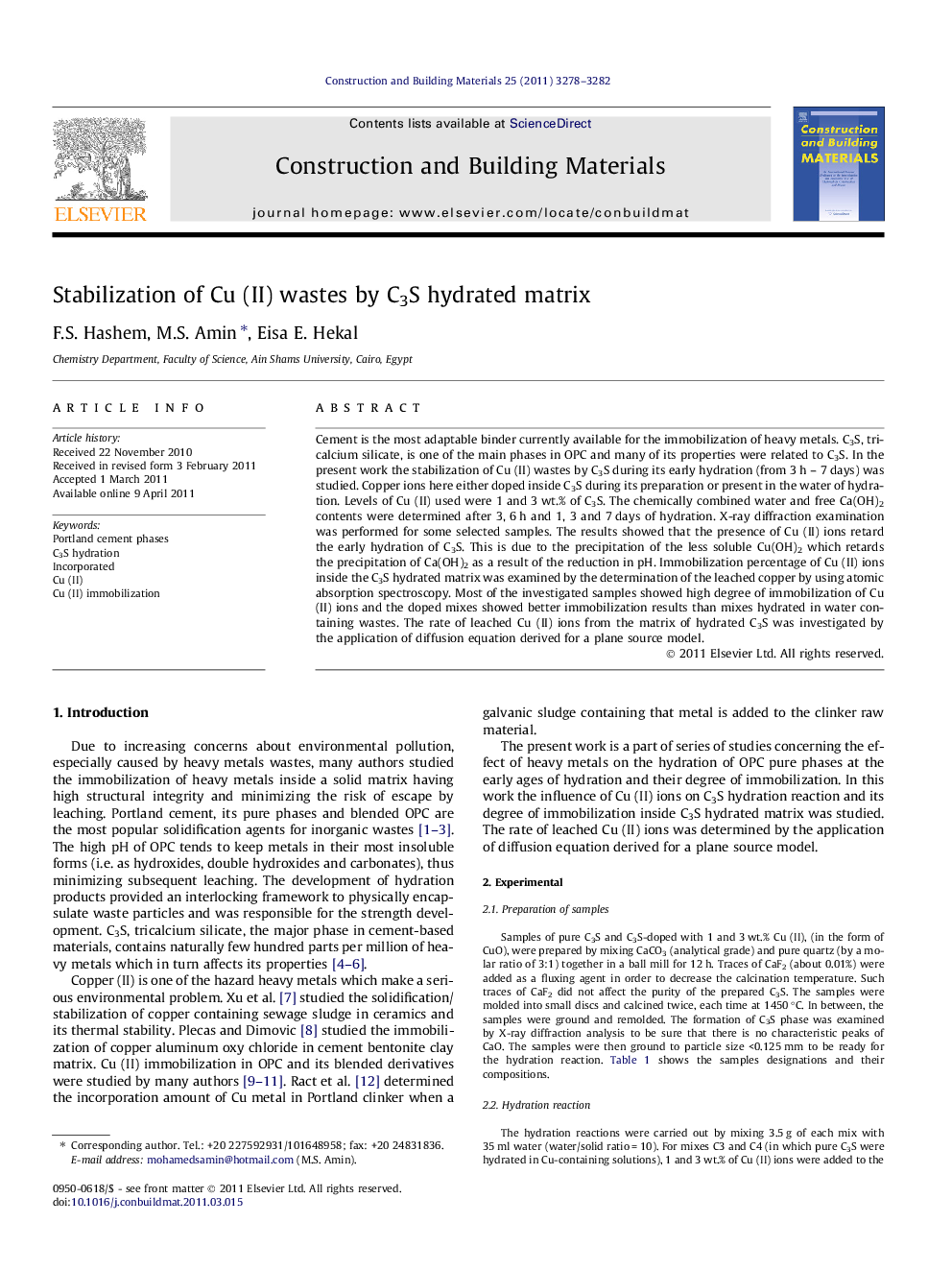 Stabilization of Cu (II) wastes by C3S hydrated matrix