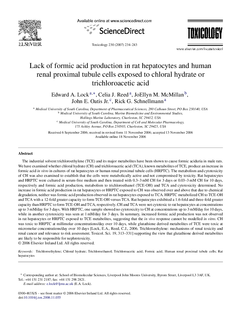 Lack of formic acid production in rat hepatocytes and human renal proximal tubule cells exposed to chloral hydrate or trichloroacetic acid