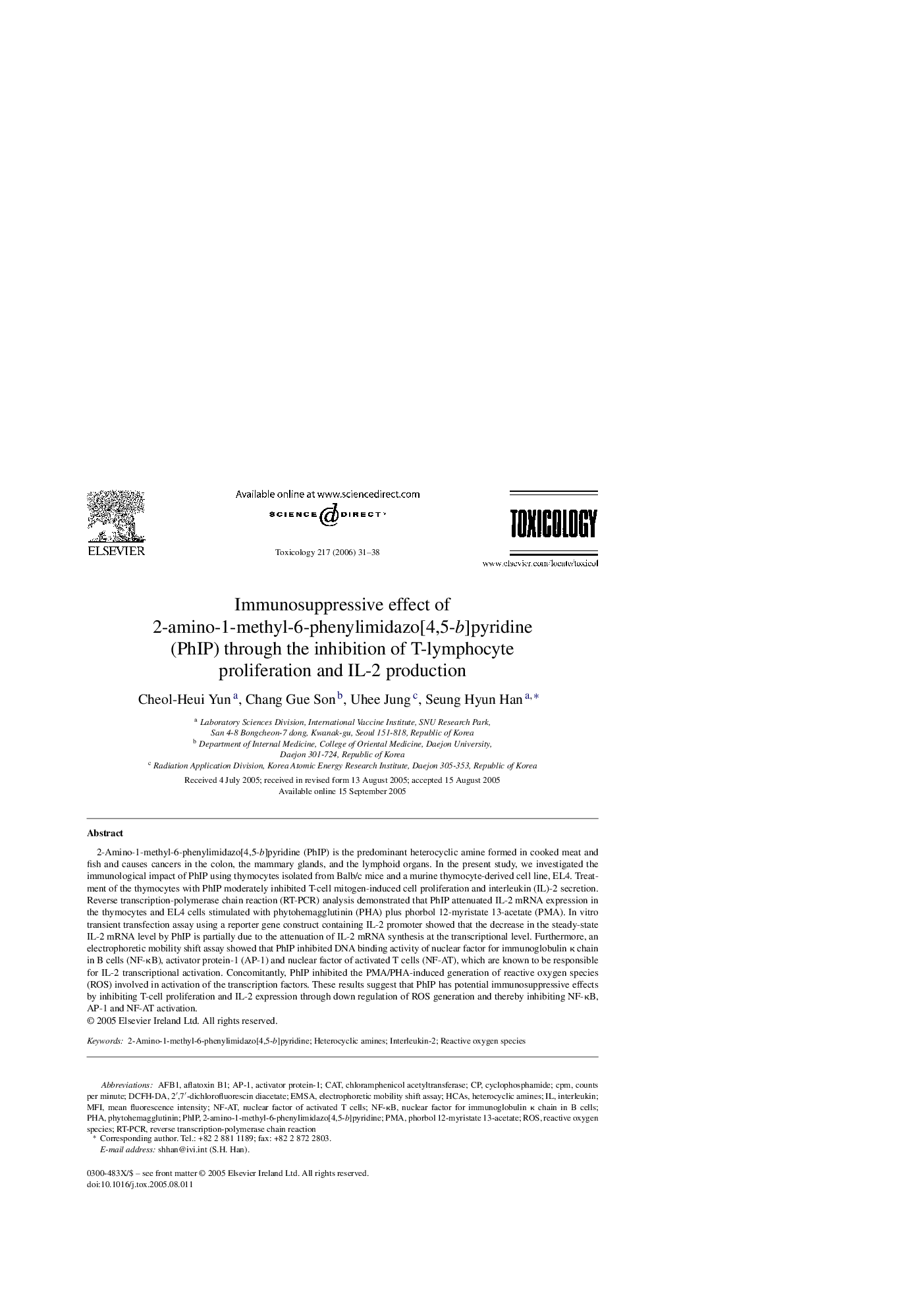 Immunosuppressive effect of 2-amino-1-methyl-6-phenylimidazo[4,5-b]pyridine (PhIP) through the inhibition of T-lymphocyte proliferation and IL-2 production