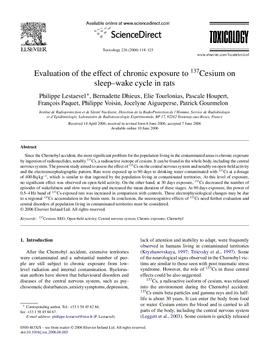 Evaluation of the effect of chronic exposure to 137Cesium on sleep–wake cycle in rats