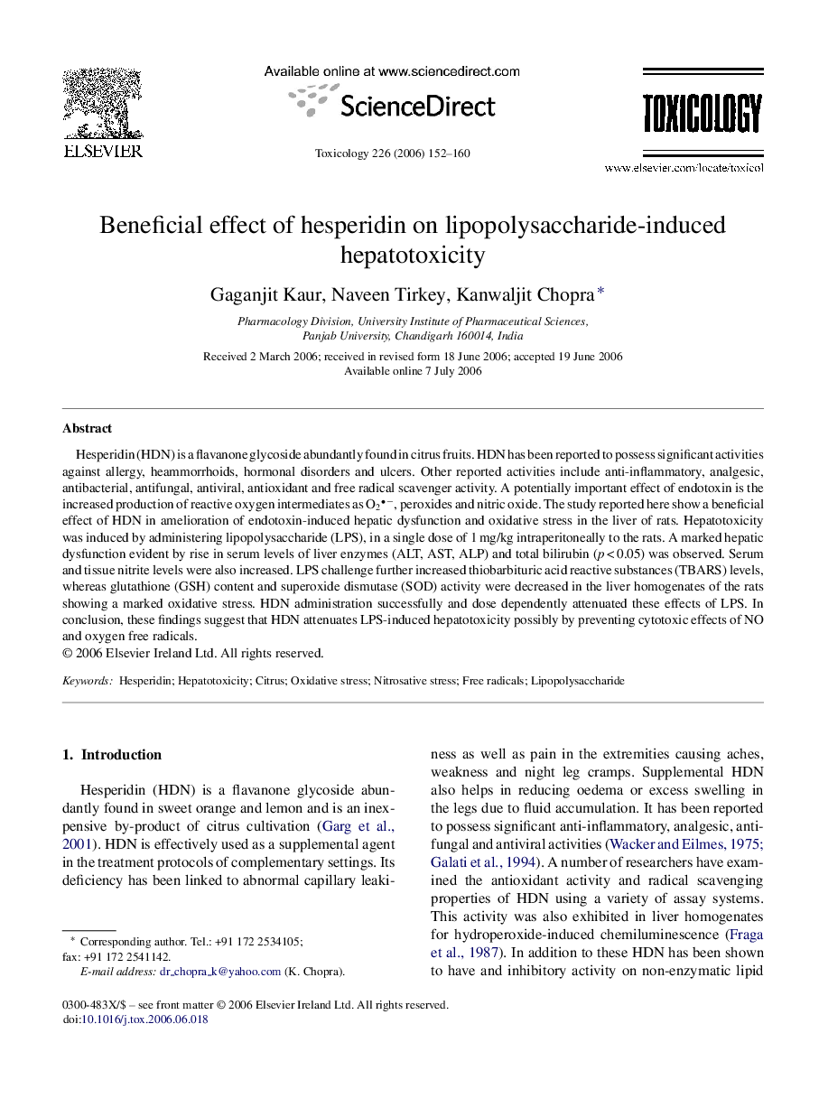 Beneficial effect of hesperidin on lipopolysaccharide-induced hepatotoxicity