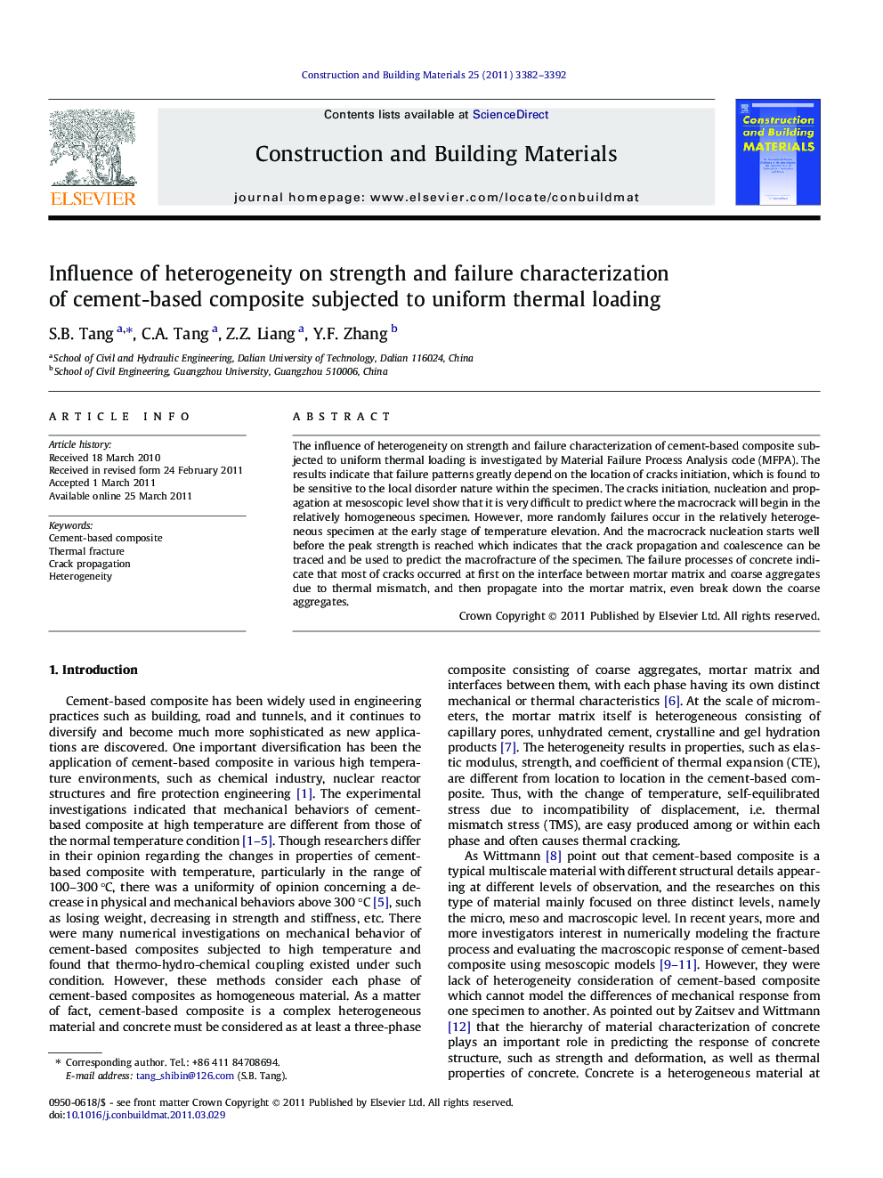 Influence of heterogeneity on strength and failure characterization of cement-based composite subjected to uniform thermal loading