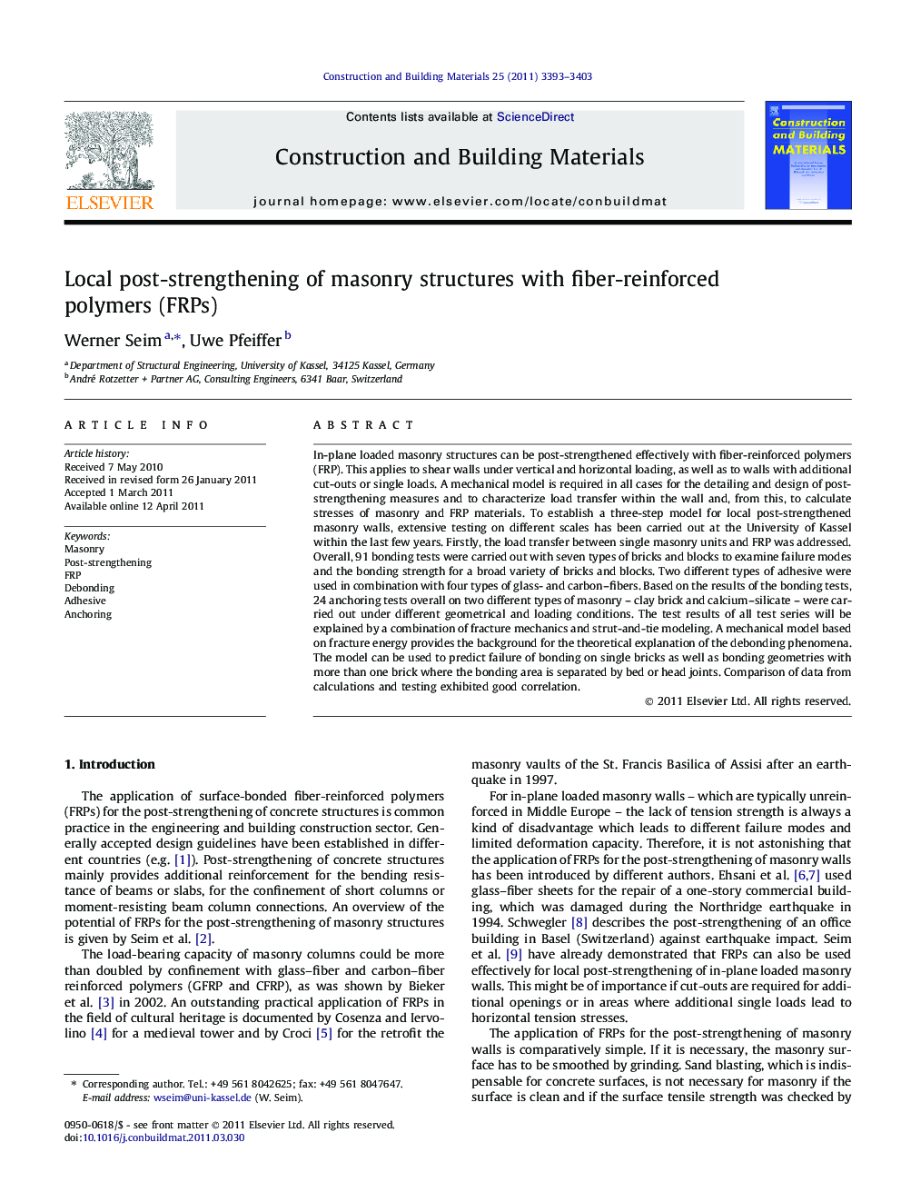 Local post-strengthening of masonry structures with fiber-reinforced polymers (FRPs)