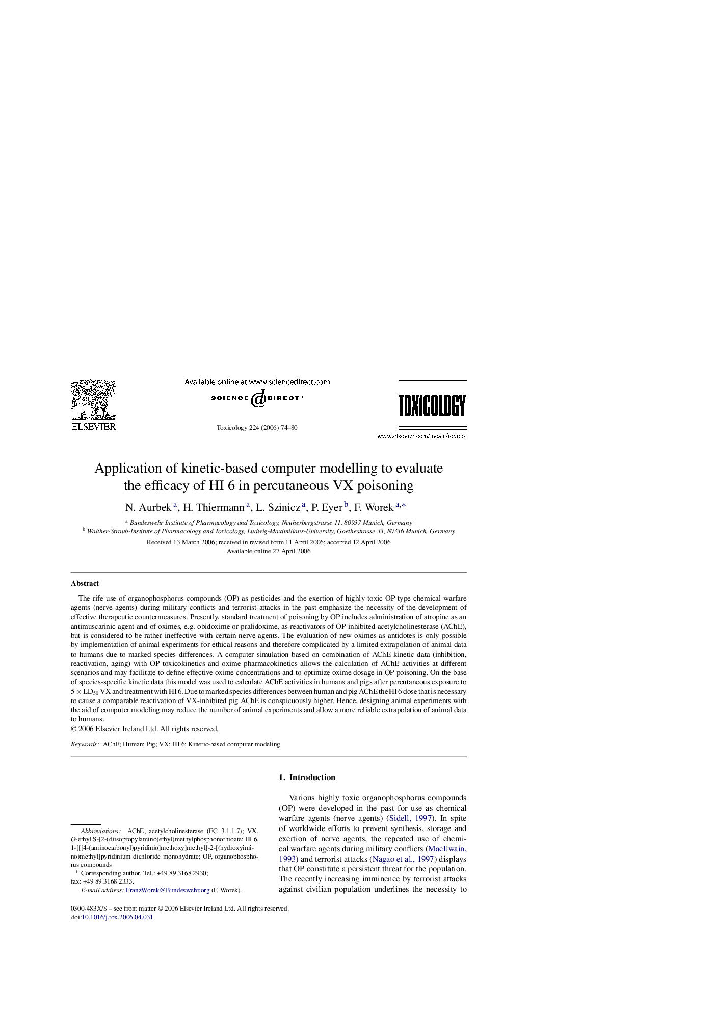 Application of kinetic-based computer modelling to evaluate the efficacy of HI 6 in percutaneous VX poisoning