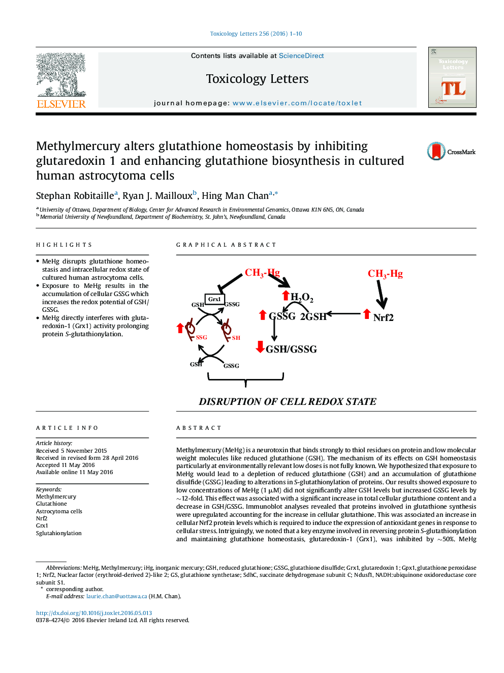 Methylmercury alters glutathione homeostasis by inhibiting glutaredoxin 1 and enhancing glutathione biosynthesis in cultured human astrocytoma cells