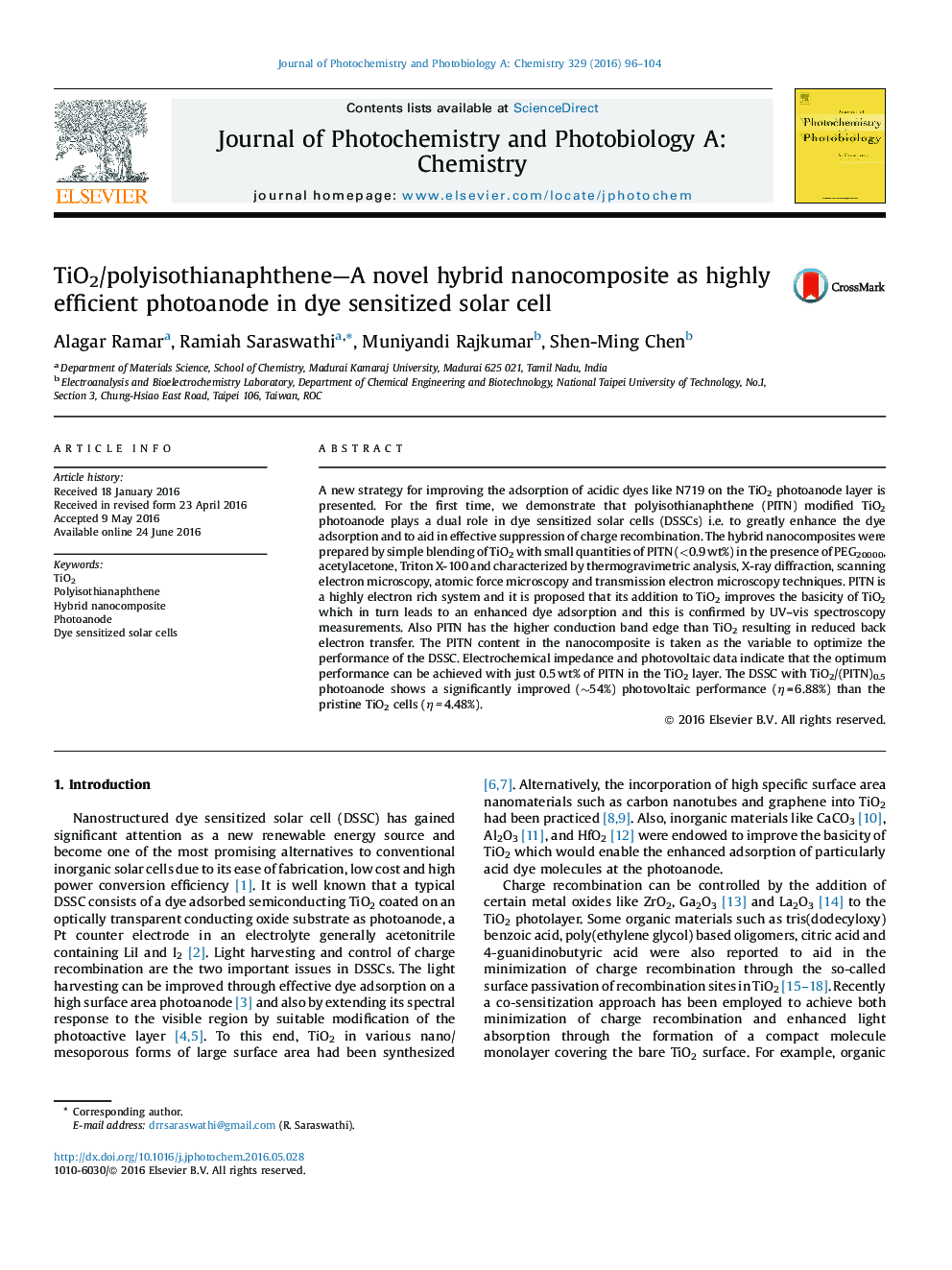 TiO2/polyisothianaphthene—A novel hybrid nanocomposite as highly efficient photoanode in dye sensitized solar cell