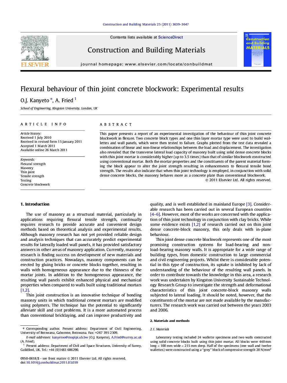 Flexural behaviour of thin joint concrete blockwork: Experimental results