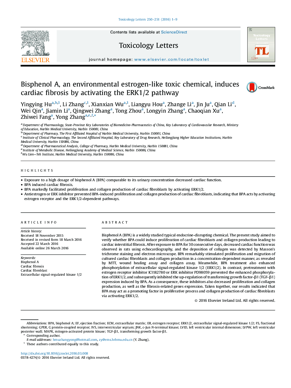 Bisphenol A, an environmental estrogen-like toxic chemical, induces cardiac fibrosis by activating the ERK1/2 pathway