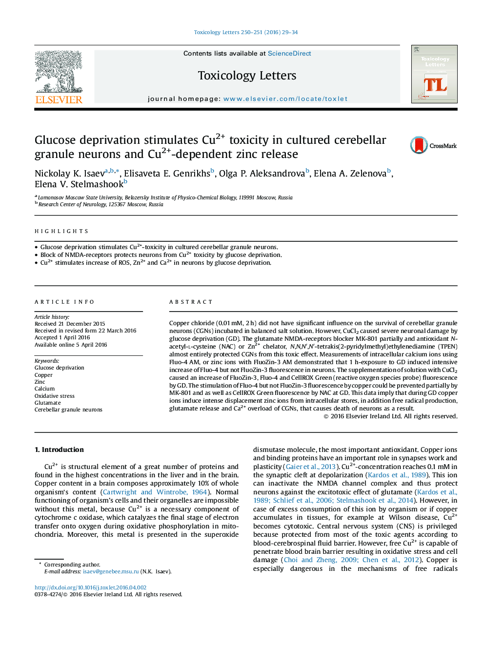 Glucose deprivation stimulates Cu2+ toxicity in cultured cerebellar granule neurons and Cu2+-dependent zinc release