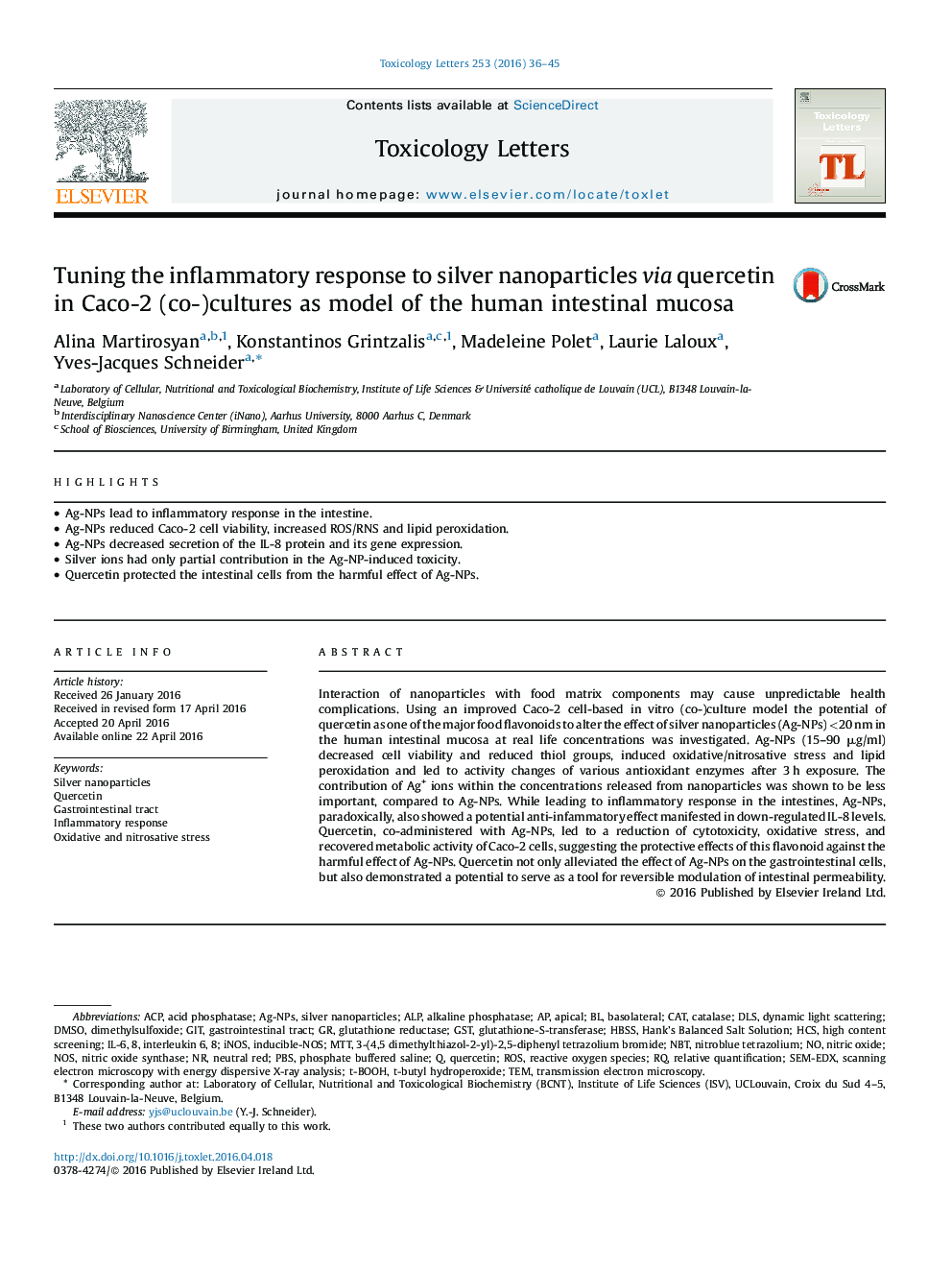 Tuning the inflammatory response to silver nanoparticles via quercetin in Caco-2 (co-)cultures as model of the human intestinal mucosa