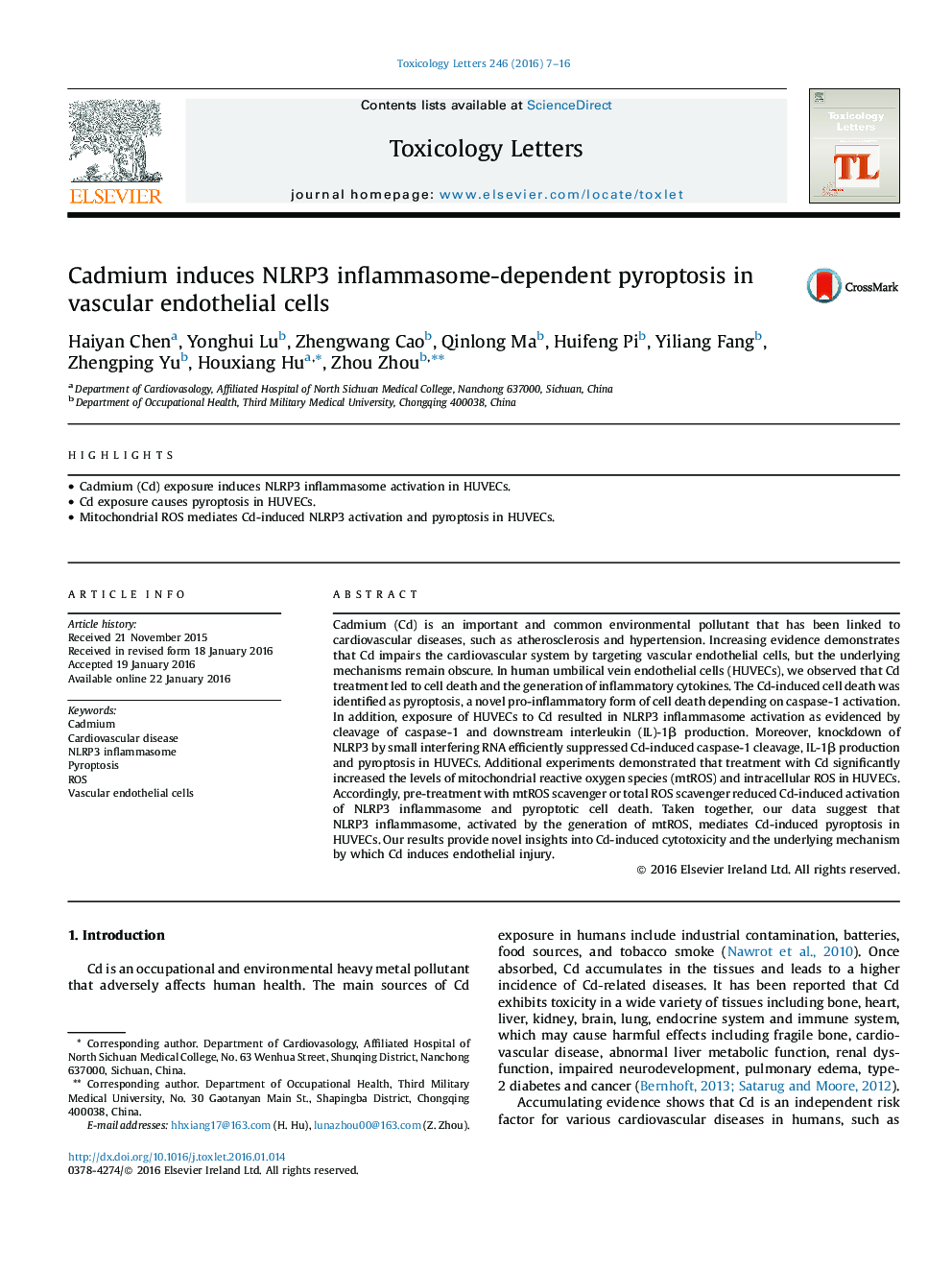 Cadmium induces NLRP3 inflammasome-dependent pyroptosis in vascular endothelial cells