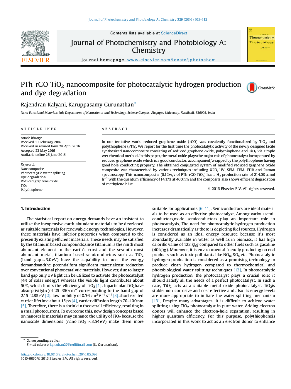 PTh-rGO-TiO2 nanocomposite for photocatalytic hydrogen production and dye degradation