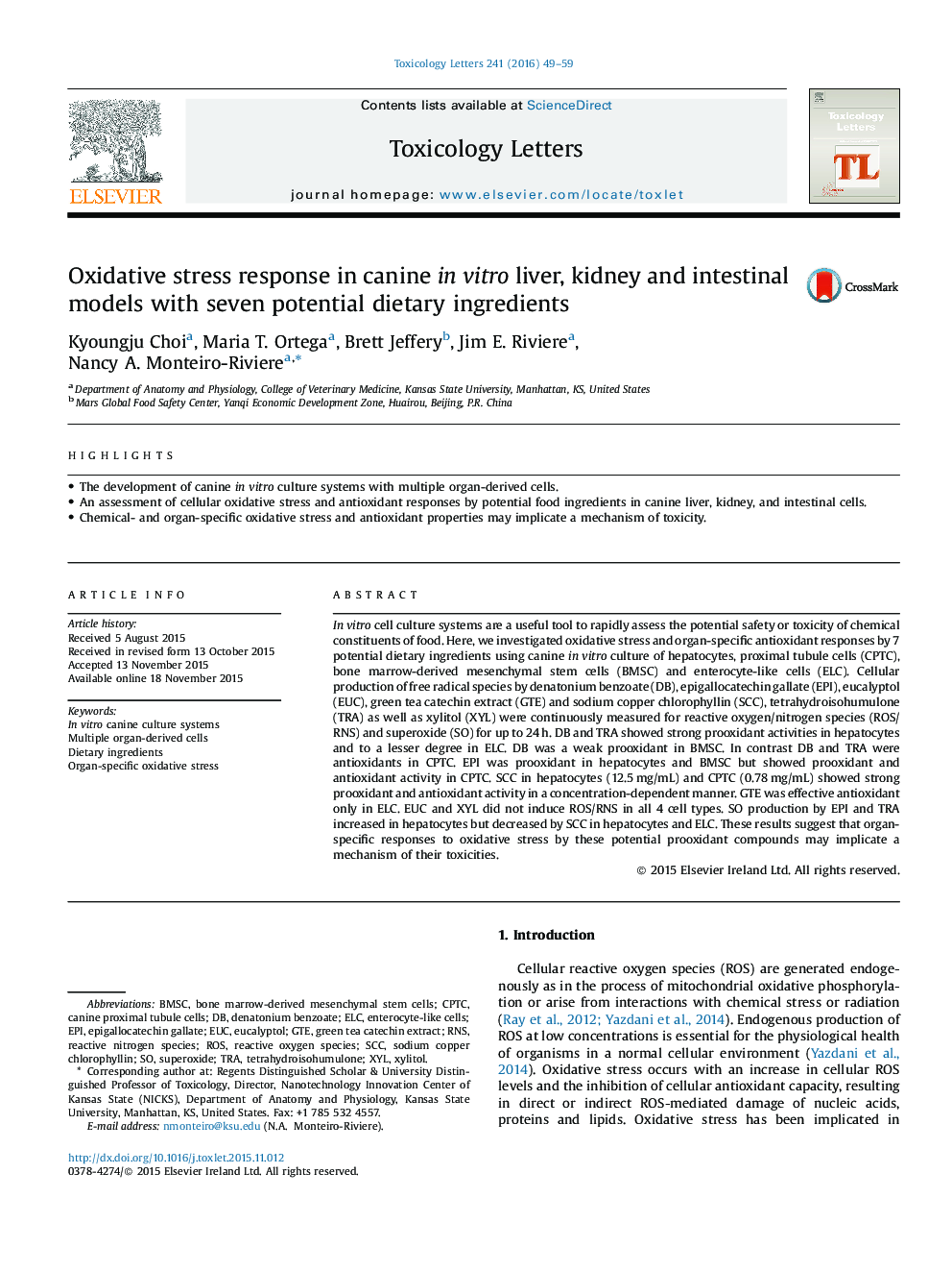 Oxidative stress response in canine in vitro liver, kidney and intestinal models with seven potential dietary ingredients