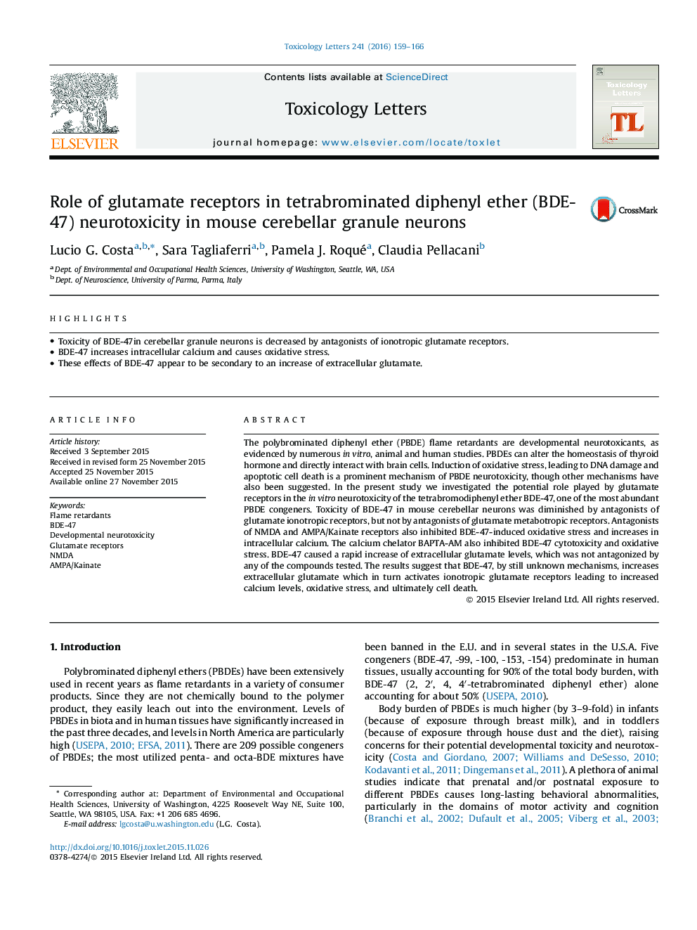 Role of glutamate receptors in tetrabrominated diphenyl ether (BDE-47) neurotoxicity in mouse cerebellar granule neurons