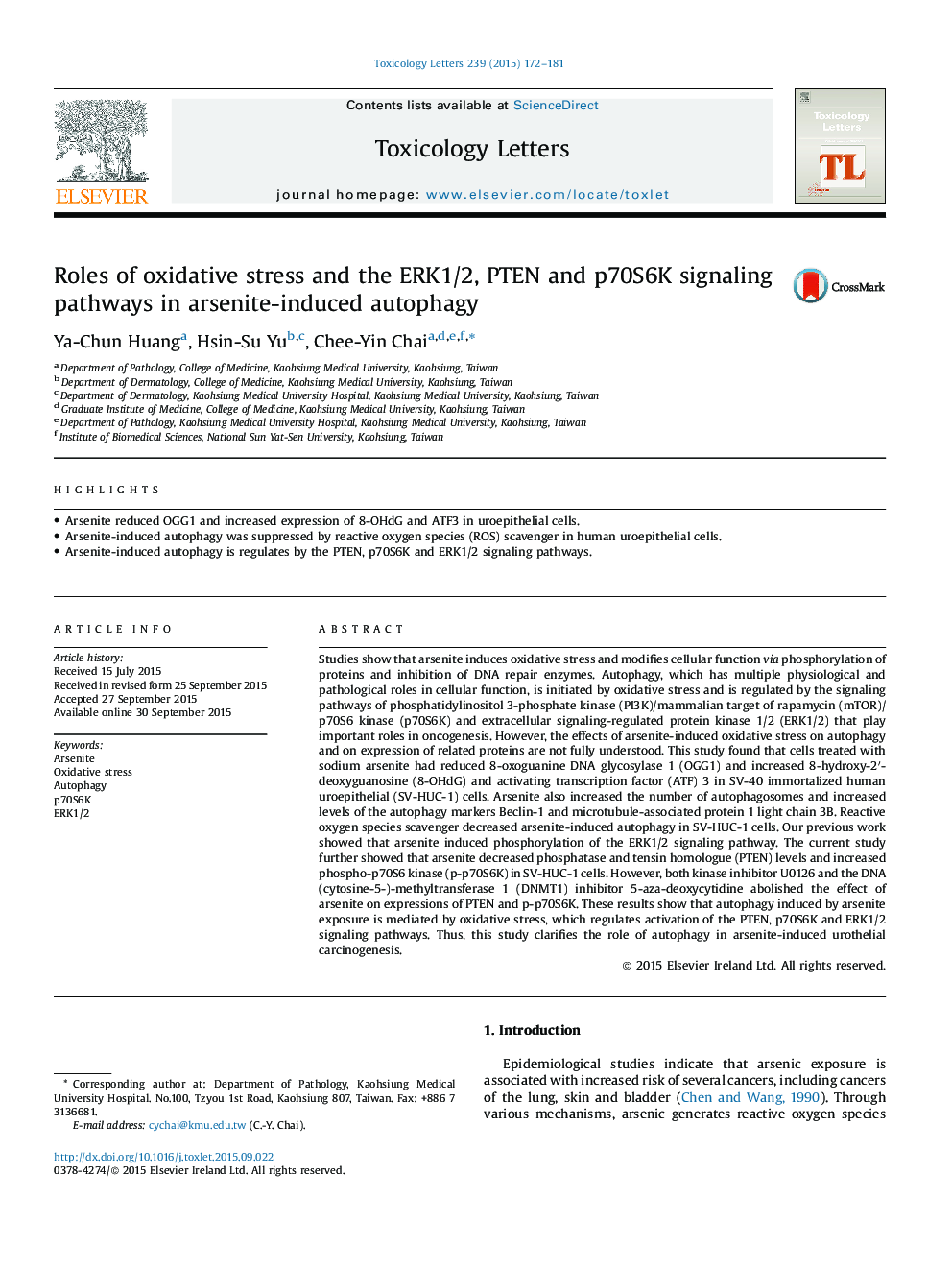 Roles of oxidative stress and the ERK1/2, PTEN and p70S6K signaling pathways in arsenite-induced autophagy