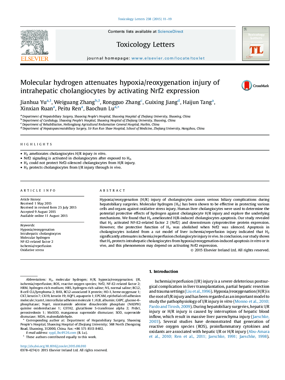 Molecular hydrogen attenuates hypoxia/reoxygenation injury of intrahepatic cholangiocytes by activating Nrf2 expression