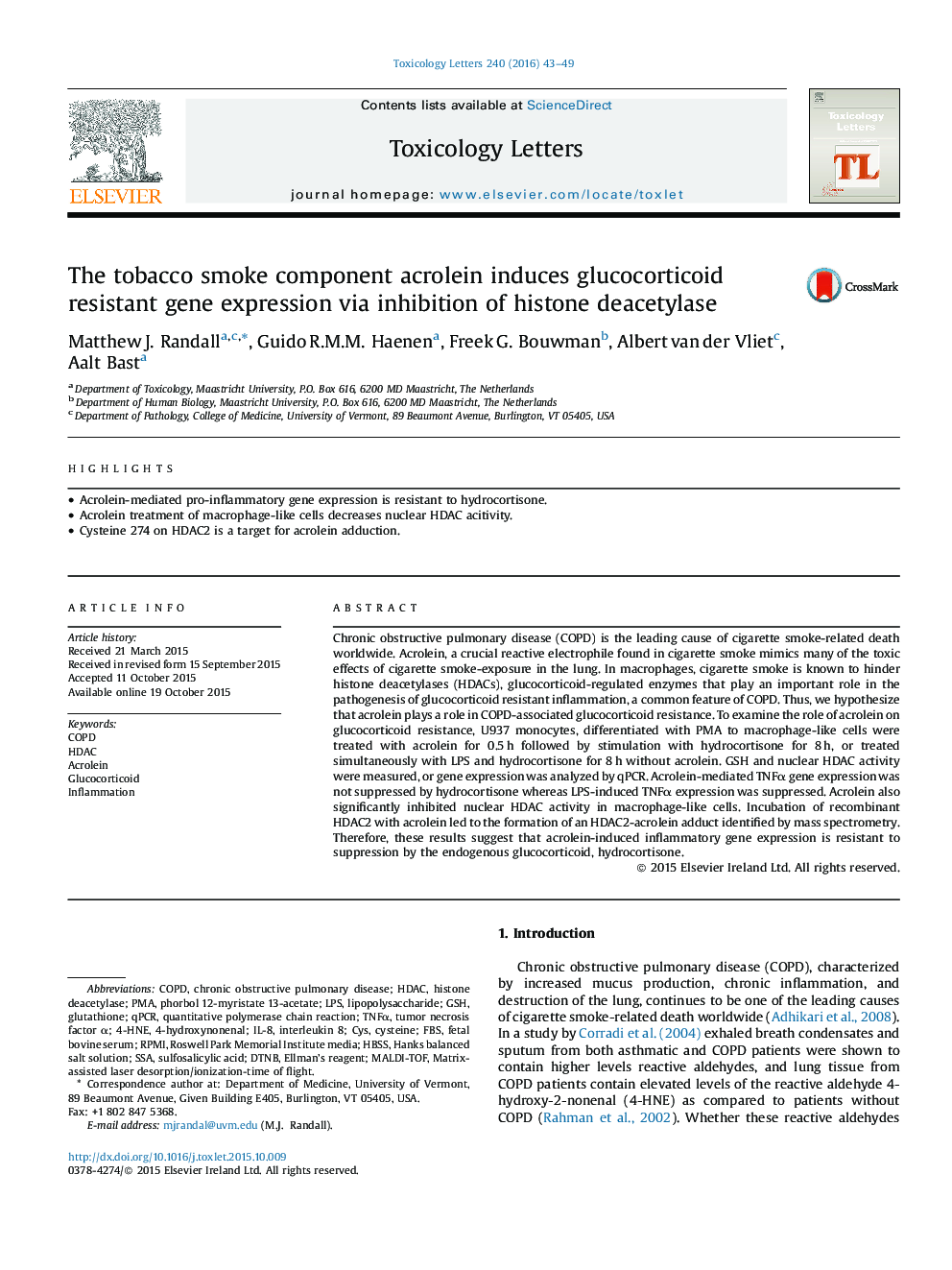 The tobacco smoke component acrolein induces glucocorticoid resistant gene expression via inhibition of histone deacetylase