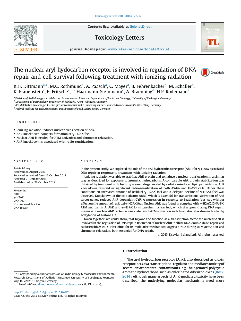 The nuclear aryl hydocarbon receptor is involved in regulation of DNA repair and cell survival following treatment with ionizing radiation