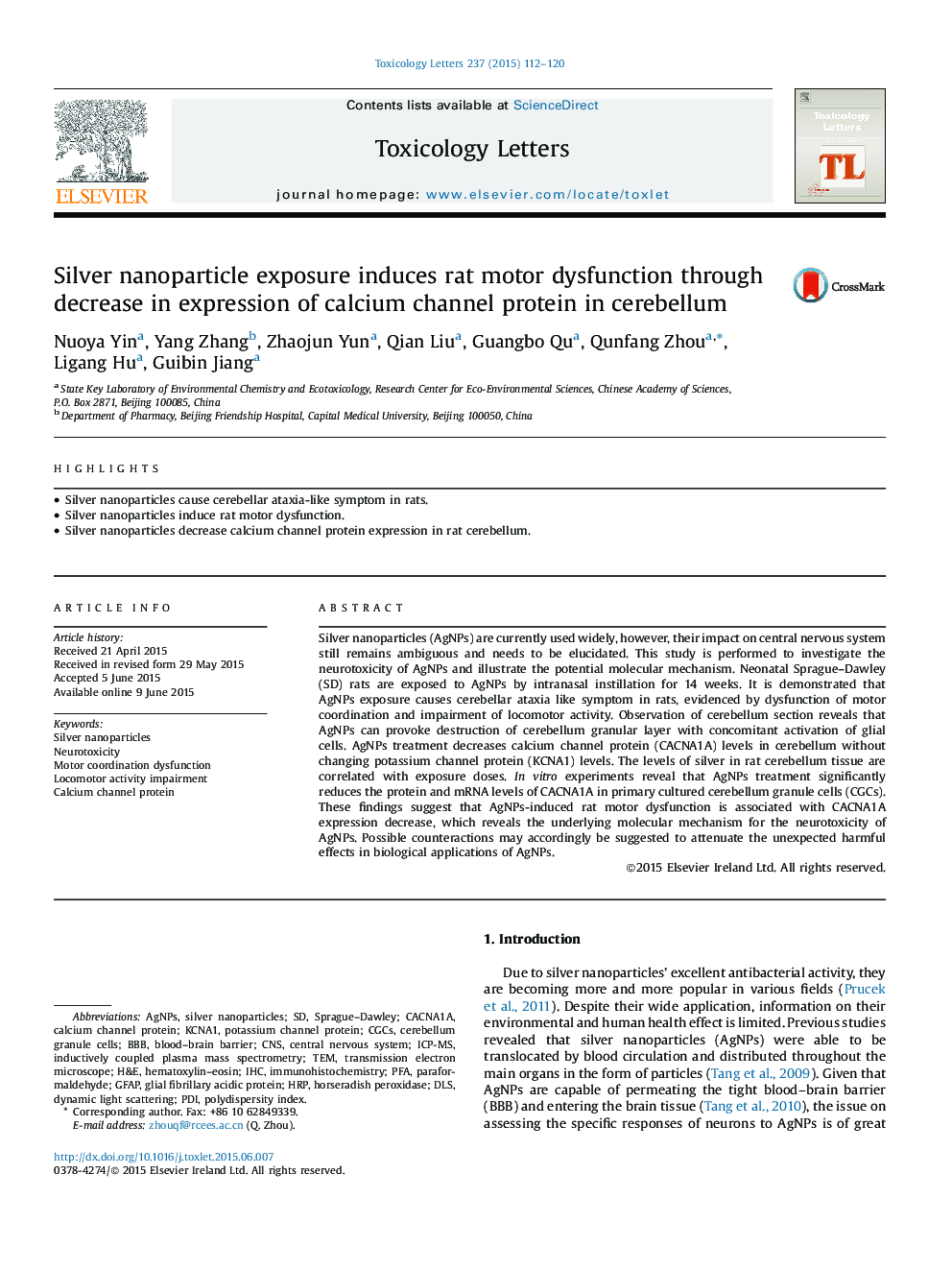 Silver nanoparticle exposure induces rat motor dysfunction through decrease in expression of calcium channel protein in cerebellum