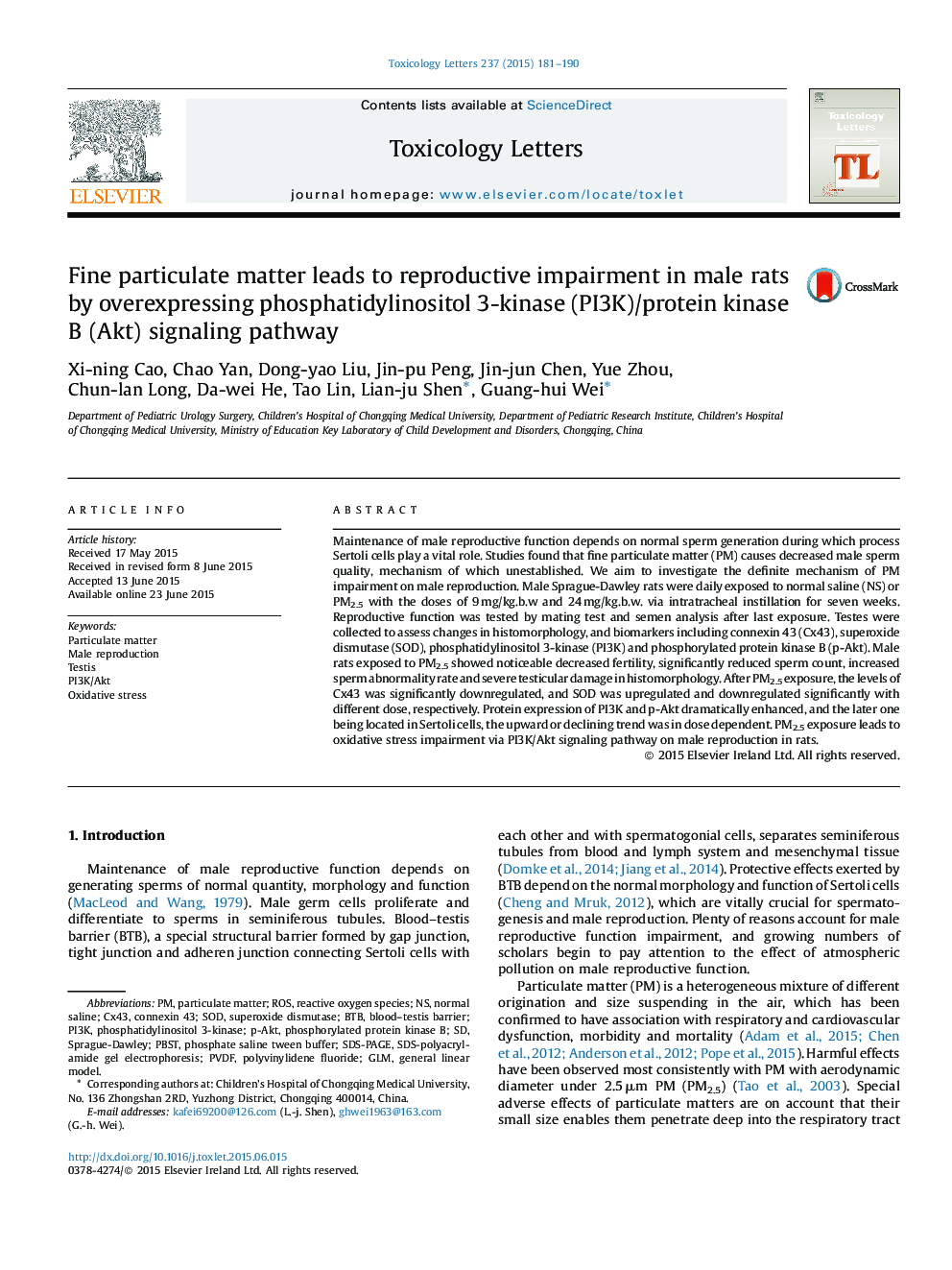 Fine particulate matter leads to reproductive impairment in male rats by overexpressing phosphatidylinositol 3-kinase (PI3K)/protein kinase B (Akt) signaling pathway