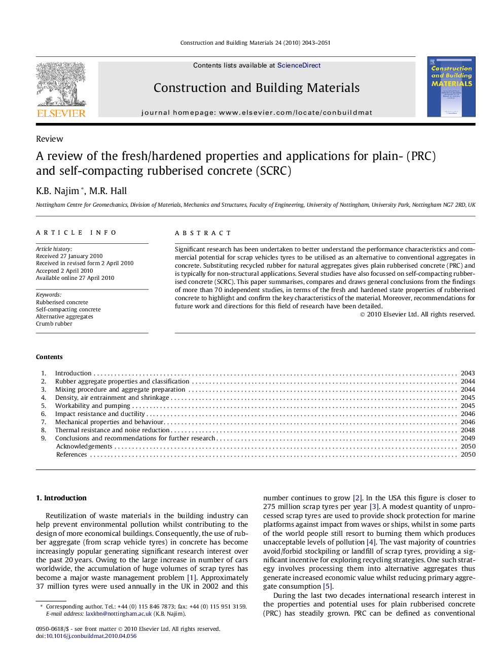 A review of the fresh/hardened properties and applications for plain- (PRC) and self-compacting rubberised concrete (SCRC)