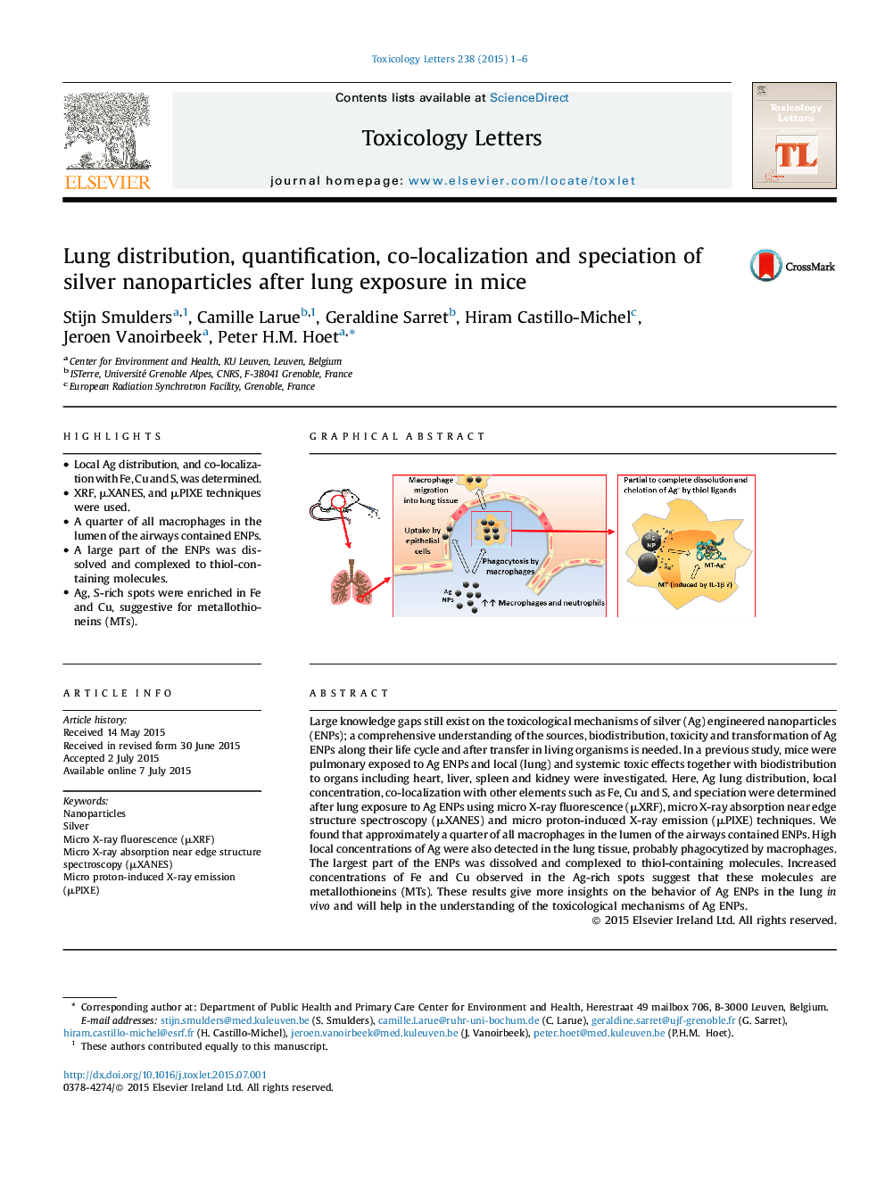 Lung distribution, quantification, co-localization and speciation of silver nanoparticles after lung exposure in mice