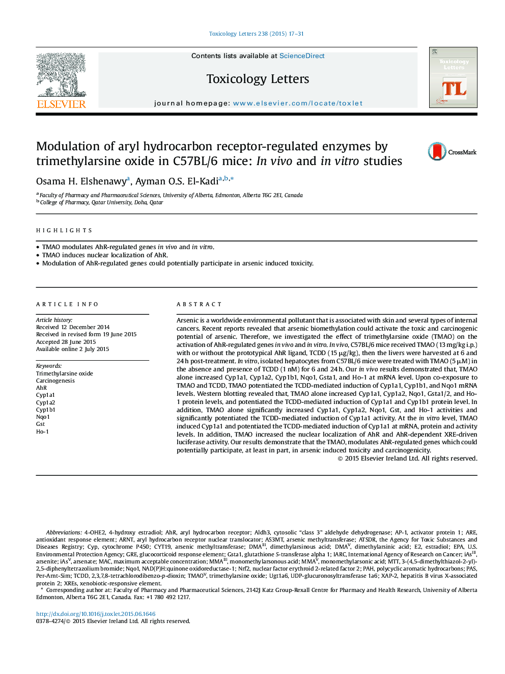 Modulation of aryl hydrocarbon receptor-regulated enzymes by trimethylarsine oxide in C57BL/6 mice: In vivo and in vitro studies