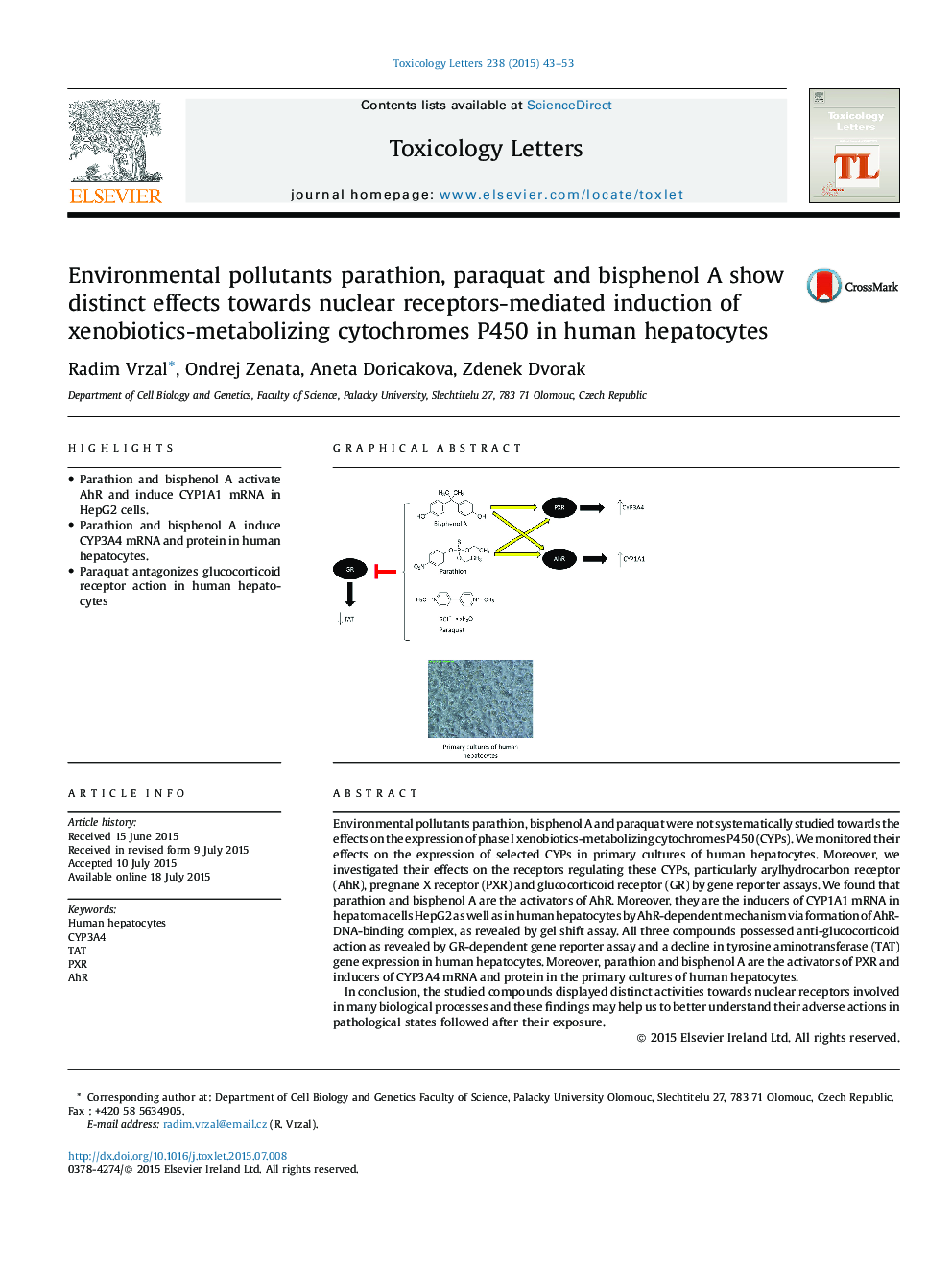 Environmental pollutants parathion, paraquat and bisphenol A show distinct effects towards nuclear receptors-mediated induction of xenobiotics-metabolizing cytochromes P450 in human hepatocytes