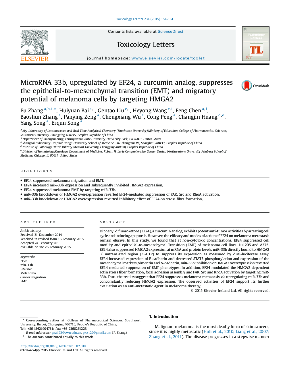 MicroRNA-33b, upregulated by EF24, a curcumin analog, suppresses the epithelial-to-mesenchymal transition (EMT) and migratory potential of melanoma cells by targeting HMGA2