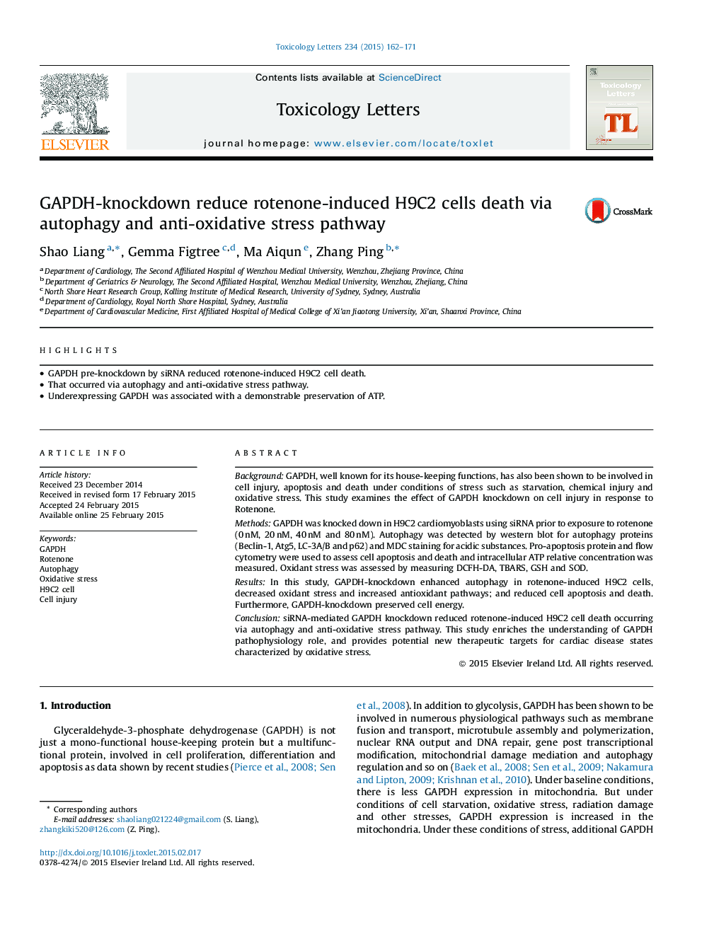 GAPDH-knockdown reduce rotenone-induced H9C2 cells death via autophagy and anti-oxidative stress pathway