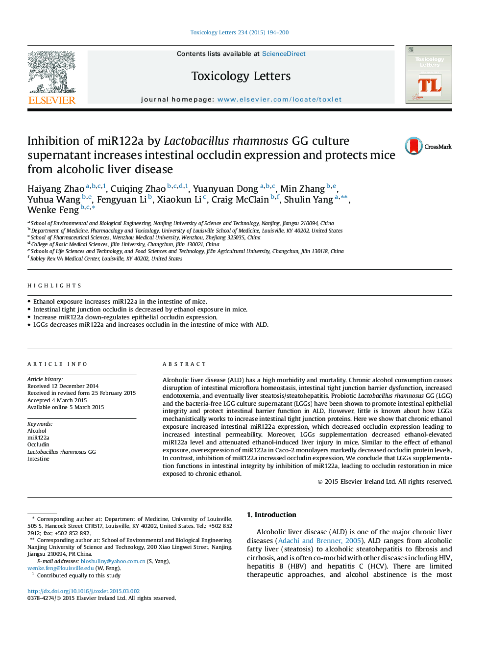 Inhibition of miR122a by Lactobacillus rhamnosus GG culture supernatant increases intestinal occludin expression and protects mice from alcoholic liver disease