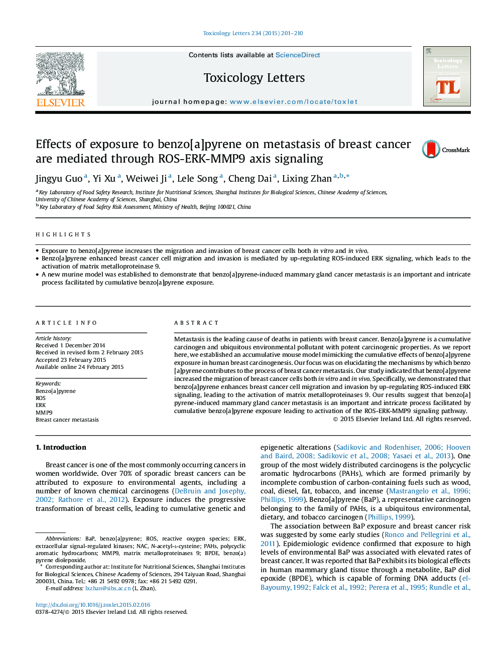 Effects of exposure to benzo[a]pyrene on metastasis of breast cancer are mediated through ROS-ERK-MMP9 axis signaling