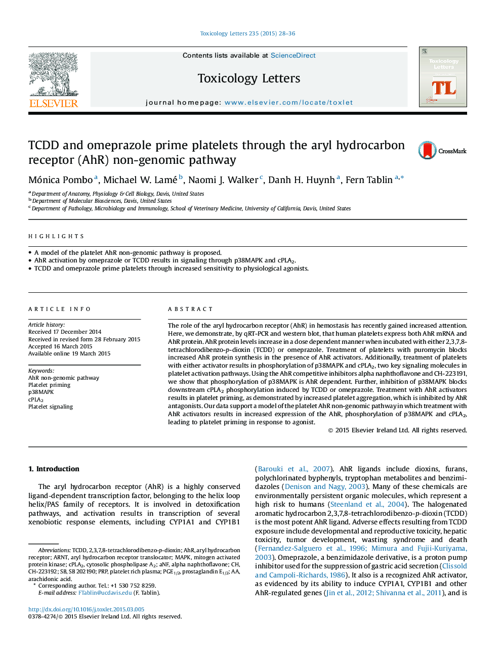 TCDD and omeprazole prime platelets through the aryl hydrocarbon receptor (AhR) non-genomic pathway