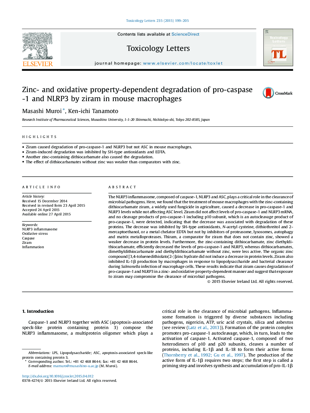 Zinc- and oxidative property-dependent degradation of pro-caspase-1 and NLRP3 by ziram in mouse macrophages