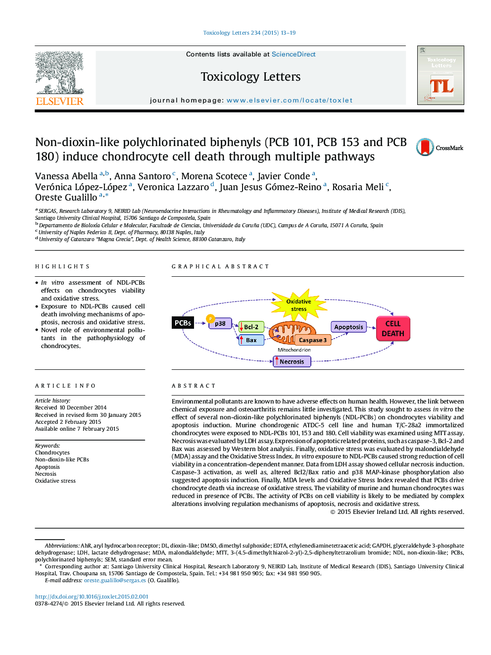 Non-dioxin-like polychlorinated biphenyls (PCB 101, PCB 153 and PCB 180) induce chondrocyte cell death through multiple pathways