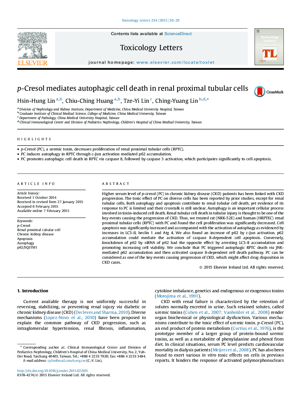 p-Cresol mediates autophagic cell death in renal proximal tubular cells