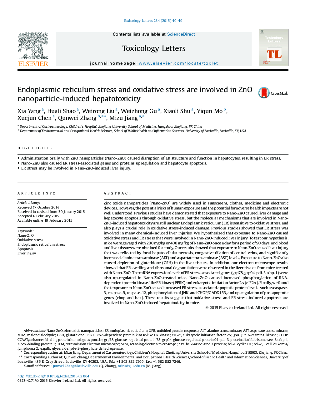 Endoplasmic reticulum stress and oxidative stress are involved in ZnO nanoparticle-induced hepatotoxicity