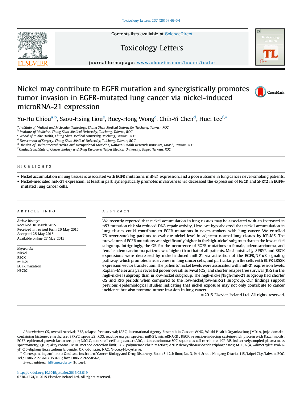 Nickel may contribute to EGFR mutation and synergistically promotes tumor invasion in EGFR-mutated lung cancer via nickel-induced microRNA-21 expression