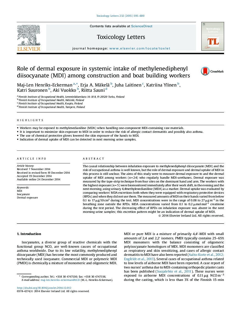 Role of dermal exposure in systemic intake of methylenediphenyl diisocyanate (MDI) among construction and boat building workers