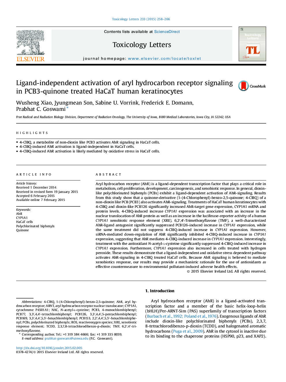 Ligand-independent activation of aryl hydrocarbon receptor signaling in PCB3-quinone treated HaCaT human keratinocytes